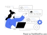The image is an illustration of a woman sitting at a desk with a laptop in front of her. She is wearing a blue sweater and ha...