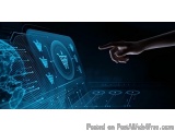 The image shows a hand pointing towards a futuristic interface with a blue background. The interface appears to be a touch sc...