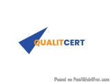 The image is a logo for a company called "QUALITCERT". The logo is a blue triangle with the word "QUALTICERT" written in oran...