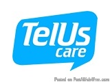 The image is a logo for Telus Care. It is a blue speech bubble with the word "Telus Care" written in white capital letters in...