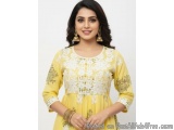 The image is of a young woman wearing a yellow kurta with a floral design on the neckline and sleeves. She is also wearing a...