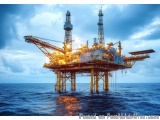The image shows an offshore oil rig in the middle of the ocean at sunset. The rig is an oil platform with multiple towers and...