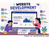 The image is an illustration of a website development company. It shows a man and a woman sitting at a desk in front of a lar...