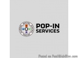The image is a logo for Pop-In Services, a company that provides heating and cooling services. The logo is circular in shape...