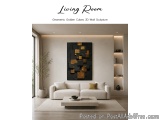 The image shows a modern living room with a large abstract wall sculpture in the center. The sculpture is made up of geometri...