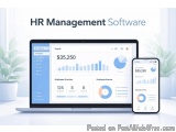 The image shows a laptop, phone and tablet displaying an HR management software. The laptop is on the left side of the image,...
