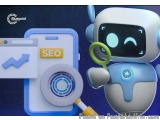 The image shows a blue and white robot with a magnifying glass and a smartphone with the word "SEO" on the screen. The robot...