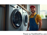 The image shows a young man standing in front of a washing machine in a laundry room. He is wearing a red cap and blue overal...