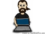 The image is a cartoon illustration of a man with a beard and mustache. He is wearing a black t-shirt and is holding a laptop...