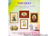 The image is an advertisement for a collection of 24k gold plated and pure silver gifts for the Hindu festival of Holi. The b...