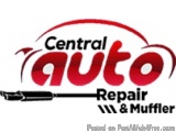 The image is a logo for Central Auto Repair. The logo is written in red and black text on a white background. The text reads...