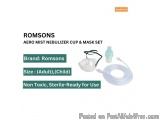 The image shows a brand of Romsons Aero Mist Nebulizer Cup & Mask Set. The set includes a white nebulizer cup and a mask set...