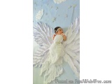 The image shows a baby girl lying on her back on a blue background with white clouds and stars scattered around. She is weari...