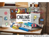 The image is a graphic design that represents the concept of online marketing. It has a wooden desk with a laptop, a globe, a...