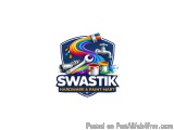 The image is a logo for a hardware and paint mart called Swastik. The logo is in the shape of a shield with a blue background...