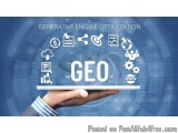 The image shows a hand holding a tablet with the word "GEO" written on it. The background is a dark blue color with a circula...