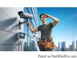 The image shows a young man standing on a ladder and holding a security camera attached to the side of a building. He is wear...
