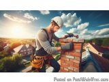 The image shows a construction worker on the roof of a house. He is wearing a white hard hat, a gray shirt, and a tool belt w...