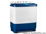 The image shows a white and blue washing machine. It has a rectangular shape with a flat top and a flat bottom. The top of th...