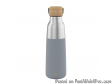 The image is of a stainless steel water bottle with a cork lid. The bottle is cylindrical in shape and has a grey body with a...