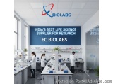 The image shows a laboratory with a large blue banner that reads "India's Best Life Science Supplier for Research EC Biolabs"...