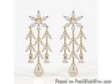 The image shows a pair of gold earrings. The earrings have a teardrop-shaped design with a cluster of small diamonds in the c...