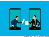 The image shows two large smartphones with a blue background. On the left phone, there is a man in a suit holding a piece of...