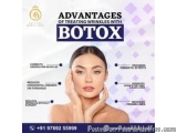 The image is an advertisement for Botox, a skincare product. It features a young woman with her hands on her face, looking di...