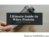 The image shows a hand holding a protein shaker bottle with a black label that reads "Ultimate Guide to Whey Protein: Benefit...