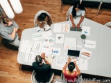 The image shows a group of four people sitting around a large white table in a meeting room. The table is covered with papers...