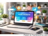 The image shows a laptop on a desk with various office supplies scattered around it. The laptop screen displays a website wit...