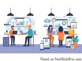 The image shows a group of people working in an office. There are six people in the image, three men and three women, sitting...