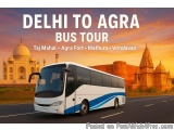 The image is a promotional poster for a bus tour of Delhi to Agra, India. The poster has a blue background with a white bus i...
