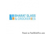 The image is a logo for Bharat Glass & Crockeries. The logo is rectangular in shape and has a blue background. The text is wr...
