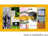 The image is an advertisement for electronic gadgets for men. It has a yellow background with a collage of six images on the...