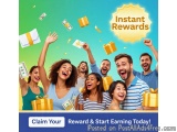 The image is an advertisement for instant rewards. It features a group of young people with their arms raised in the air, smi...