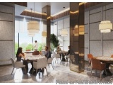 The image shows a modern and luxurious dining area in a hotel lobby. The room has a high ceiling with large windows that offe...
