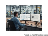 The image shows a man sitting at a desk in front of two computer monitors. He is wearing a blue shirt and appears to be worki...