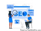 The image shows a man and a woman standing in front of a large screen with the word "SEO" on it. The woman is holding a magni...