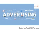 The image is a graphic design that represents the concept of advertising. It has a blue background with the word "Advertising...