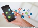 The image shows a hand holding a black smartphone with various colorful icons connected to it. The icons are arranged in a ci...