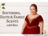 The image is a promotional graphic for Southern, Faith & Family Scents with Five. It features a photo of a woman wearing a re...