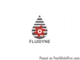 The image is a logo for a company called "Fluidyne". The logo is a circular shape with a pointed top and a flat bottom. Insid...