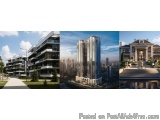 The image is a collage of three photographs of a modern apartment complex. The first photograph on the left shows a tall, mul...
