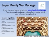 The image is an advertisement for a Jaipur Family Tour Package. It has a blue background with white text that reads "Jaipur f...