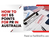 The image is a graphic design that provides instructions on how to get 65 points for PR in Australia. It has a white backgrou...