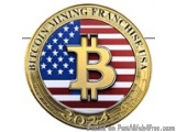 The image is a circular emblem with a gold border. In the center of the emblem, there is a large gold Bitcoin symbol in the s...