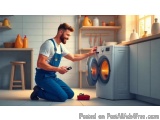 In this image, we can see a young man in a blue overalls kneeling on the floor in front of a washing machine in a kitchen. He...