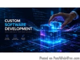 The image is a digital advertisement for a software development company. It has a dark blue background with a futuristic desi...