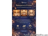 The image is an advertisement for Orion Banquets & Events. It has a dark blue background with gold confetti scattered through...